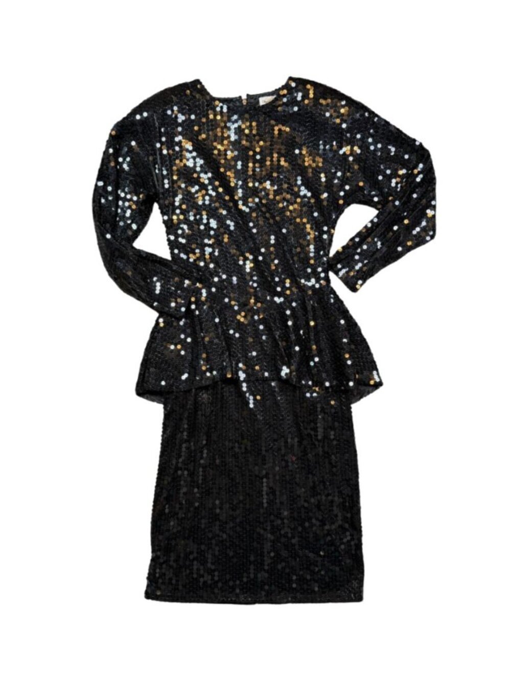 VTG 80s Oleg Cassini Black Sequin Peplum Dress Size 12 Evening Cocktail Party